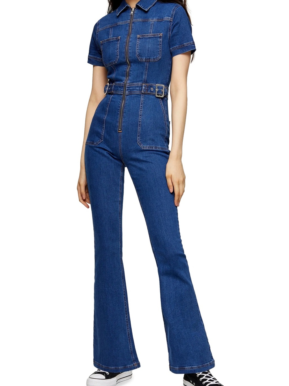 Topshop Blue Denim Zip-Front Flare Jumpsuit